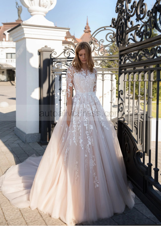 Long Sleeves Beaded Lace Tulle Unique Wedding Dress